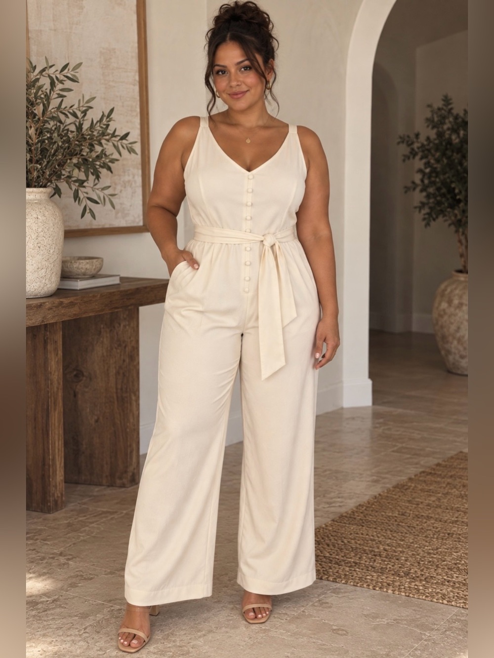 The Limited Cream V-Neck Wide-Leg Jumpsuit with Tie Waist